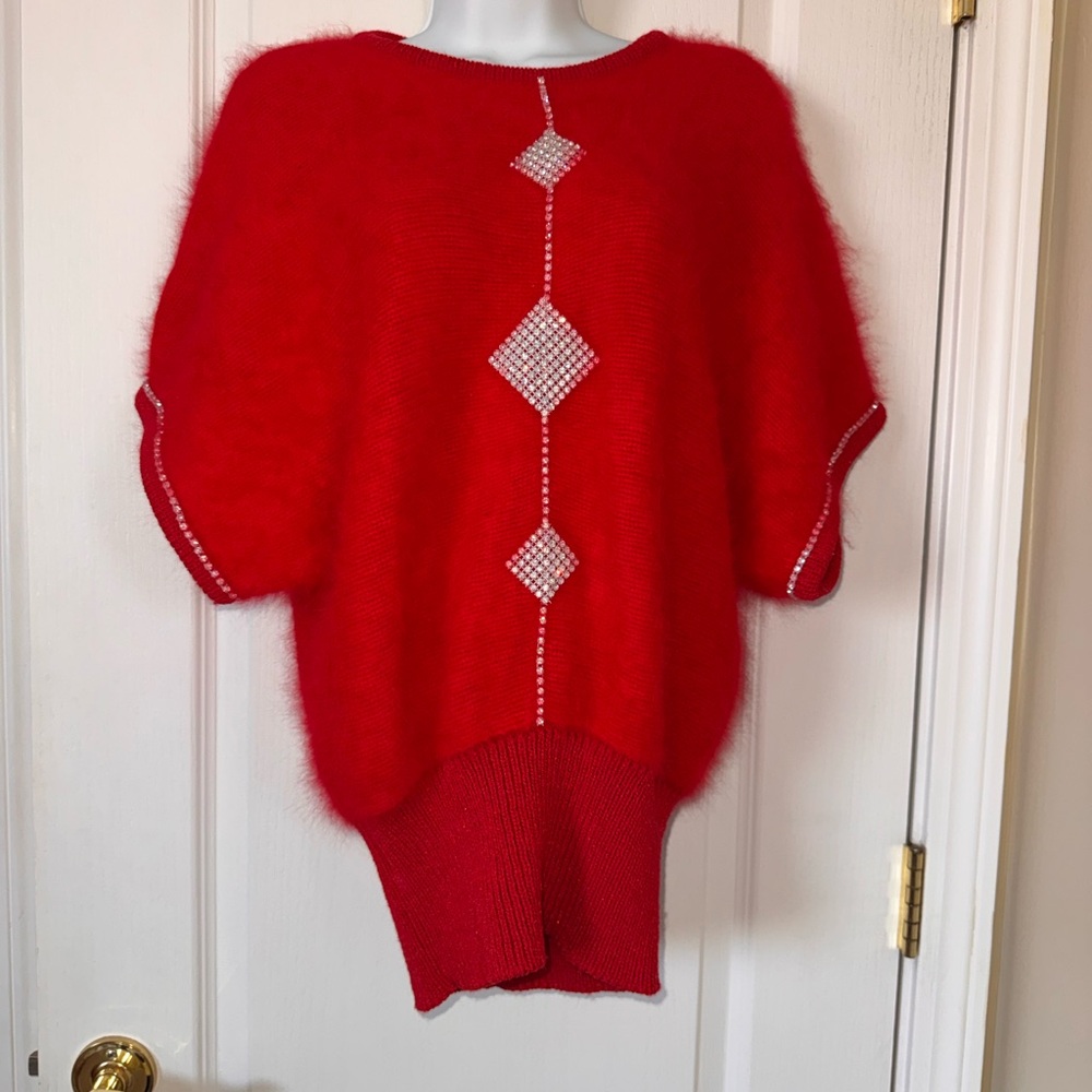 Vintage Eric Stevens Red Angora Wool Rhinestone Sweater Medium 80s Glam